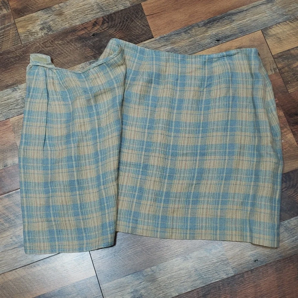 Vintage Lizsport Blue and Tan Plaid Faux Wrap Skirt, Size 14